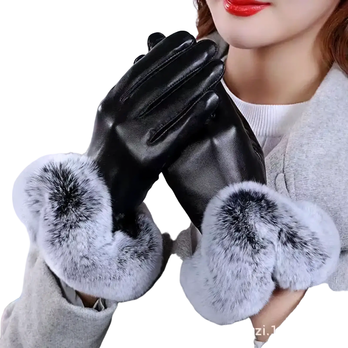 Men winter touch screen leather gloves in black with gray and black fur cuffs shown from the back side