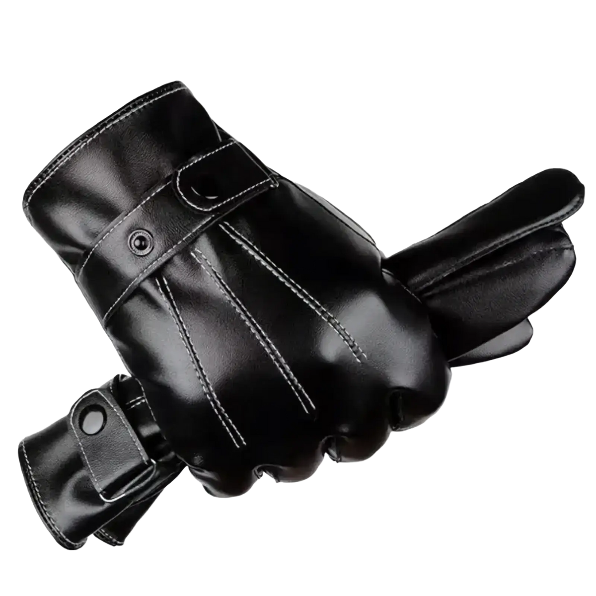 Black leather men winter touch screen half-finger glove with white stitching and snap-button fastening