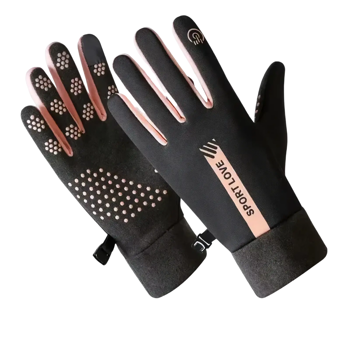 Men winter touch screen leather gloves in black and pink with textured grip dots and brand logo detailing