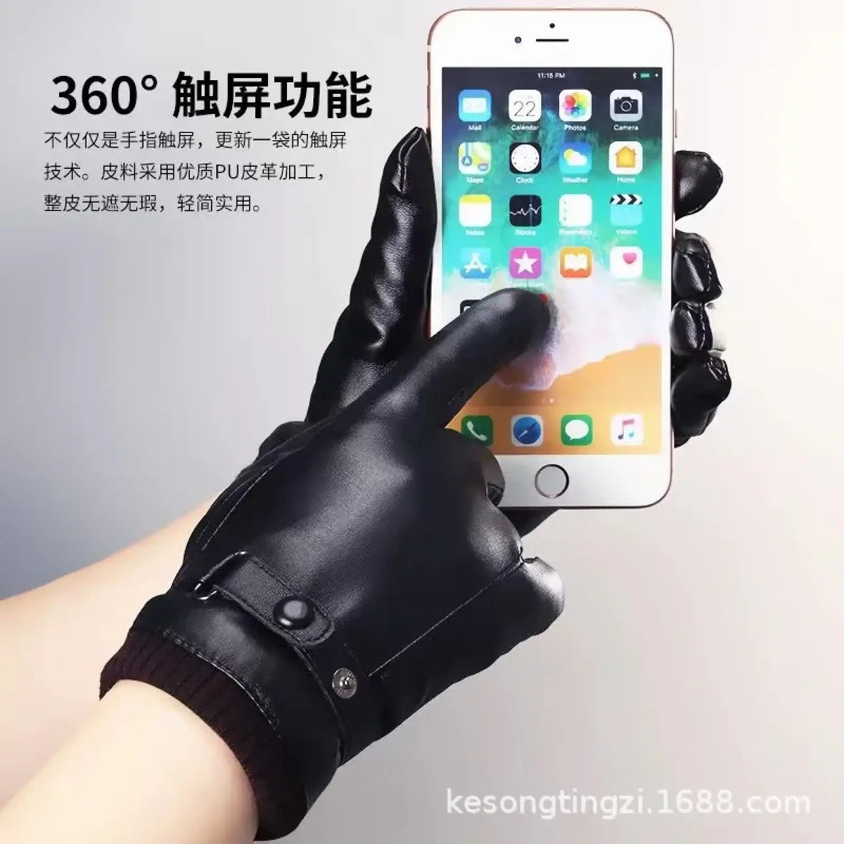 Black pu leather men winter touchscreen gloves with snug fit and adjustable strap shown from the back side