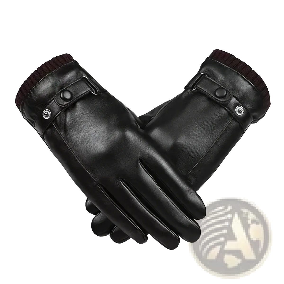Men winter touch screen black leather gloves with ribbed cuff and snap-button fastening shown from the back side