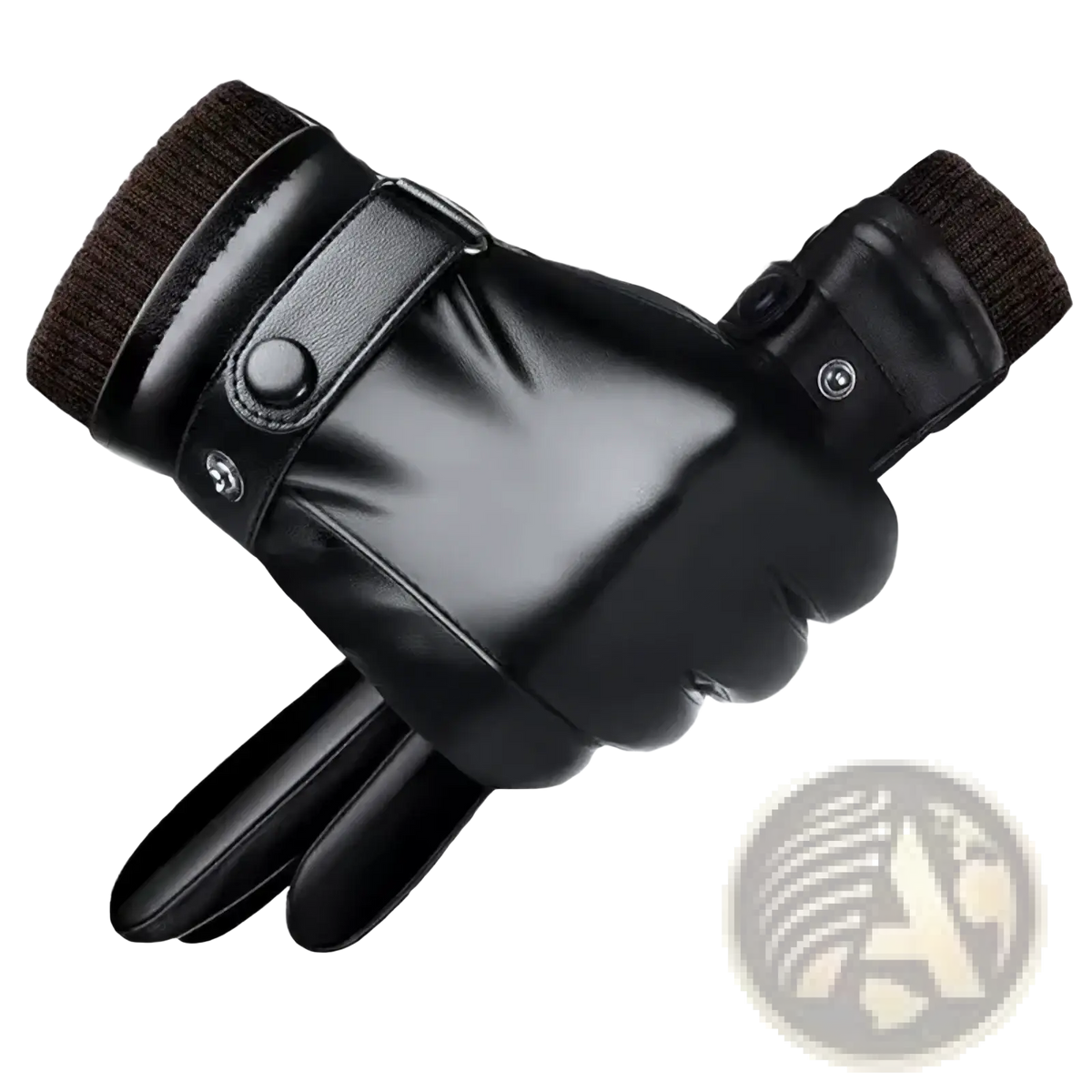 Men winter touch screen black leather gloves with ribbed cuff and snap button fastening shown from the back side