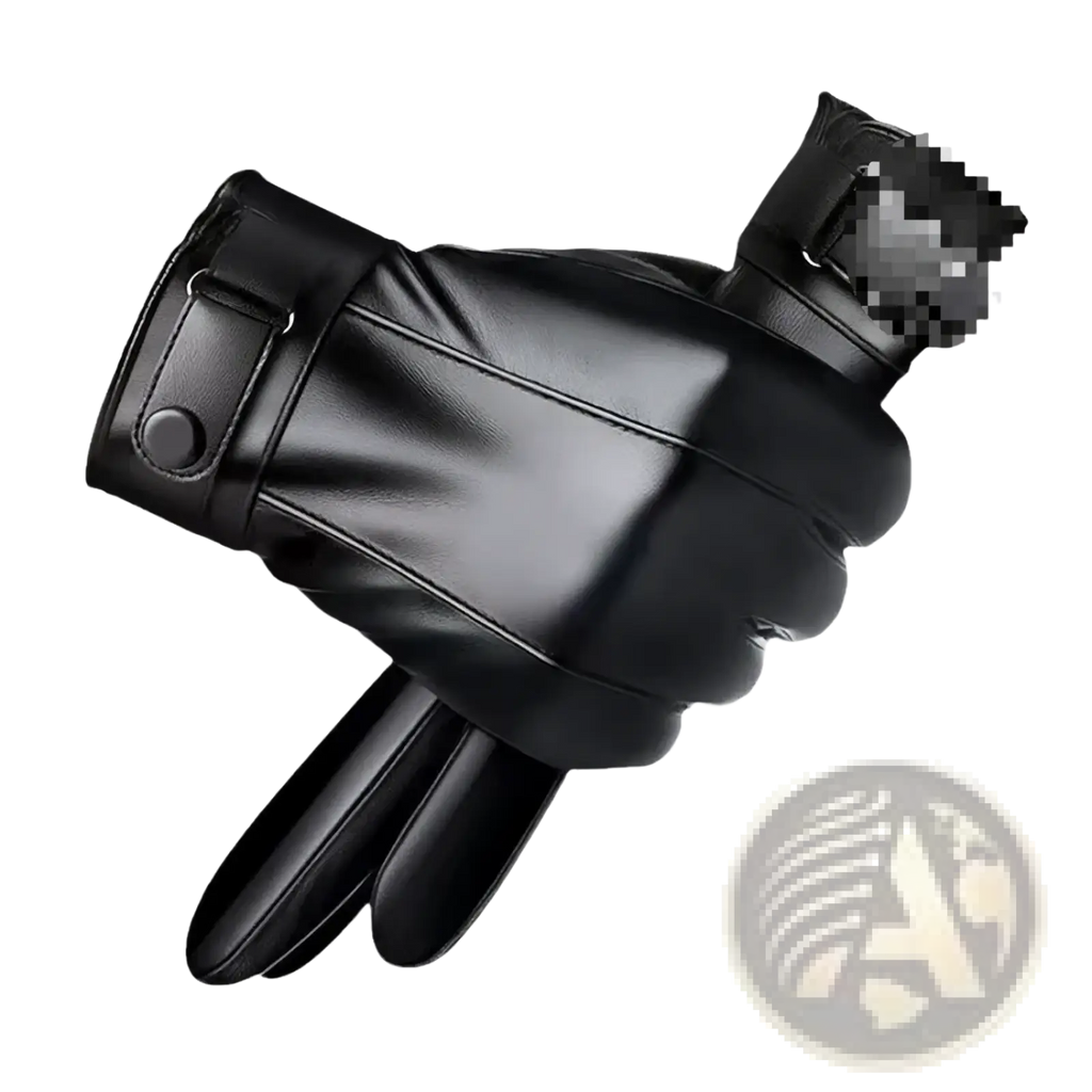 Men winter touch screen leather gloves in black with a sleek glossy finish and adjustable strap closure shown from the back