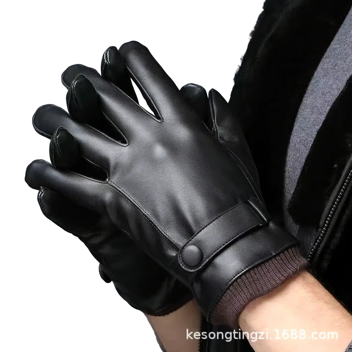 Men winter touch screen black leather gloves with snug fit and adjustable strap at the wrist shown from the back side