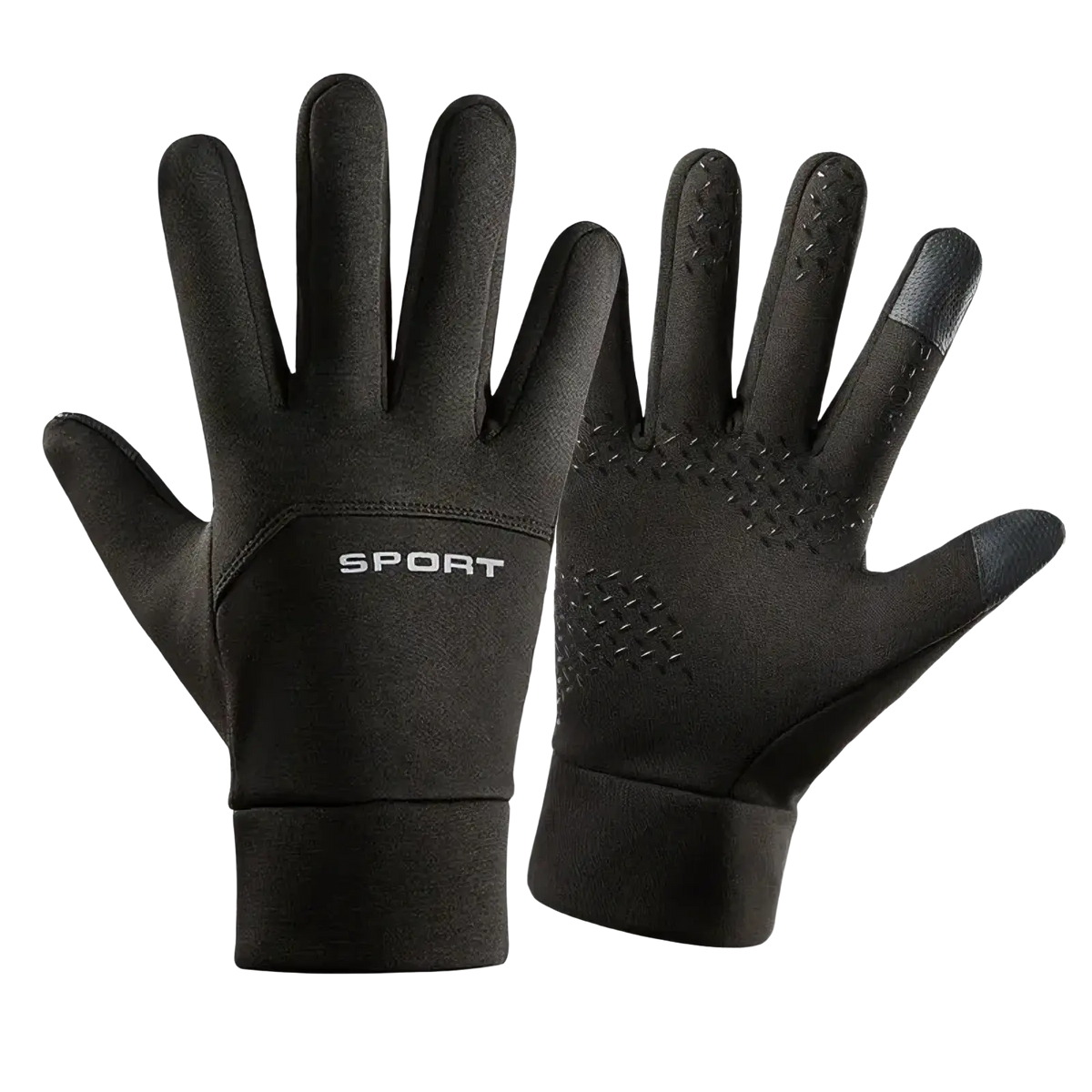 Black men winter leather gloves with textured fingertips and snug wrist cuff for touchscreen use backside view