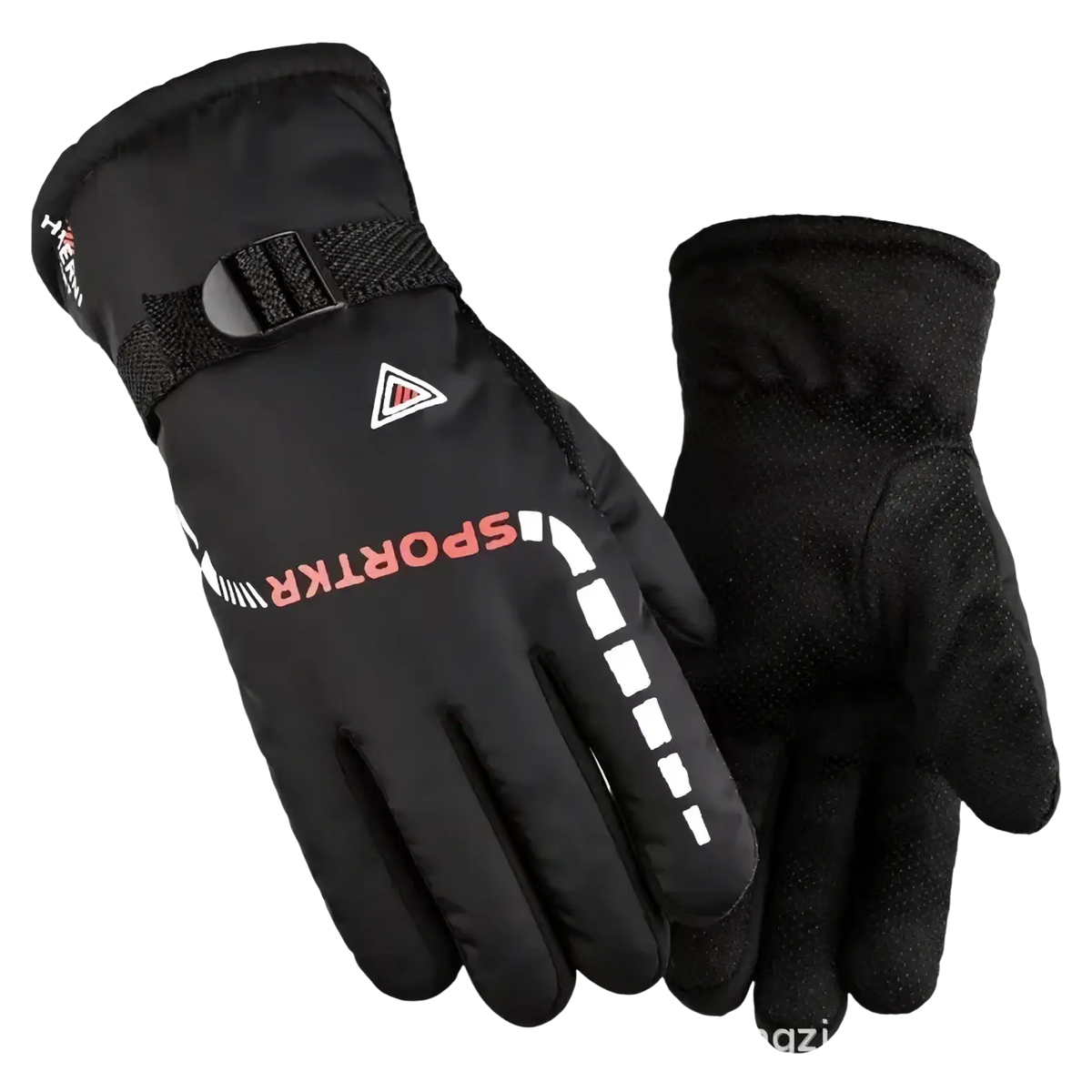 Men winter touch screen leather gloves black with red and white branding padded wrist strap and textured finger grip back view
