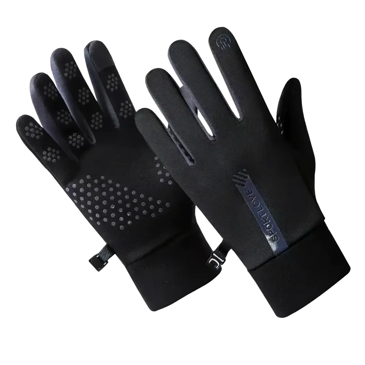 Black leather men winter touchscreen gloves with gray dotted grip pattern on fingers and palm viewed from back side