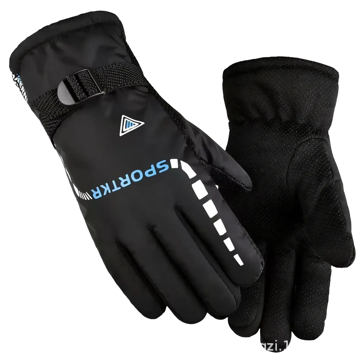 Men winter touch screen leather gloves back side featuring black waterproof material with blue white branding and mesh strap
