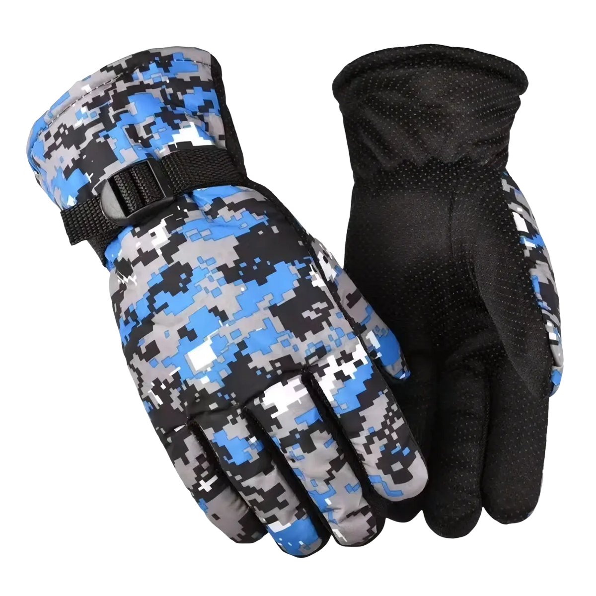 Men winter touch screen leather gloves in blue gray and black digital camouflage showing the back side with adjustable strap