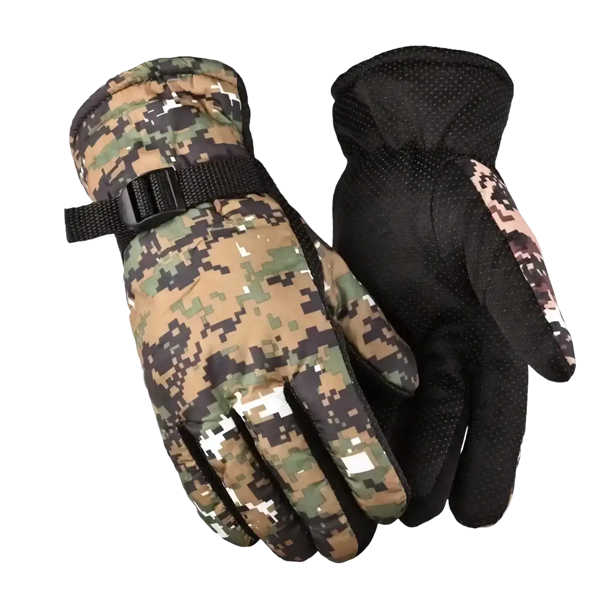 Men winter touch screen leather gloves with digital camouflage, black adjustable wrist straps, and perforated palm panels