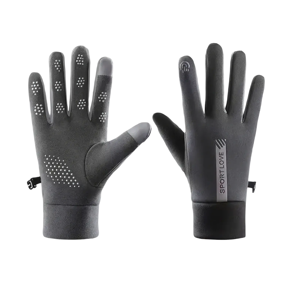 Men winter touchscreen leather gloves in gray with white dot patterns and sport love logo patch on the back side