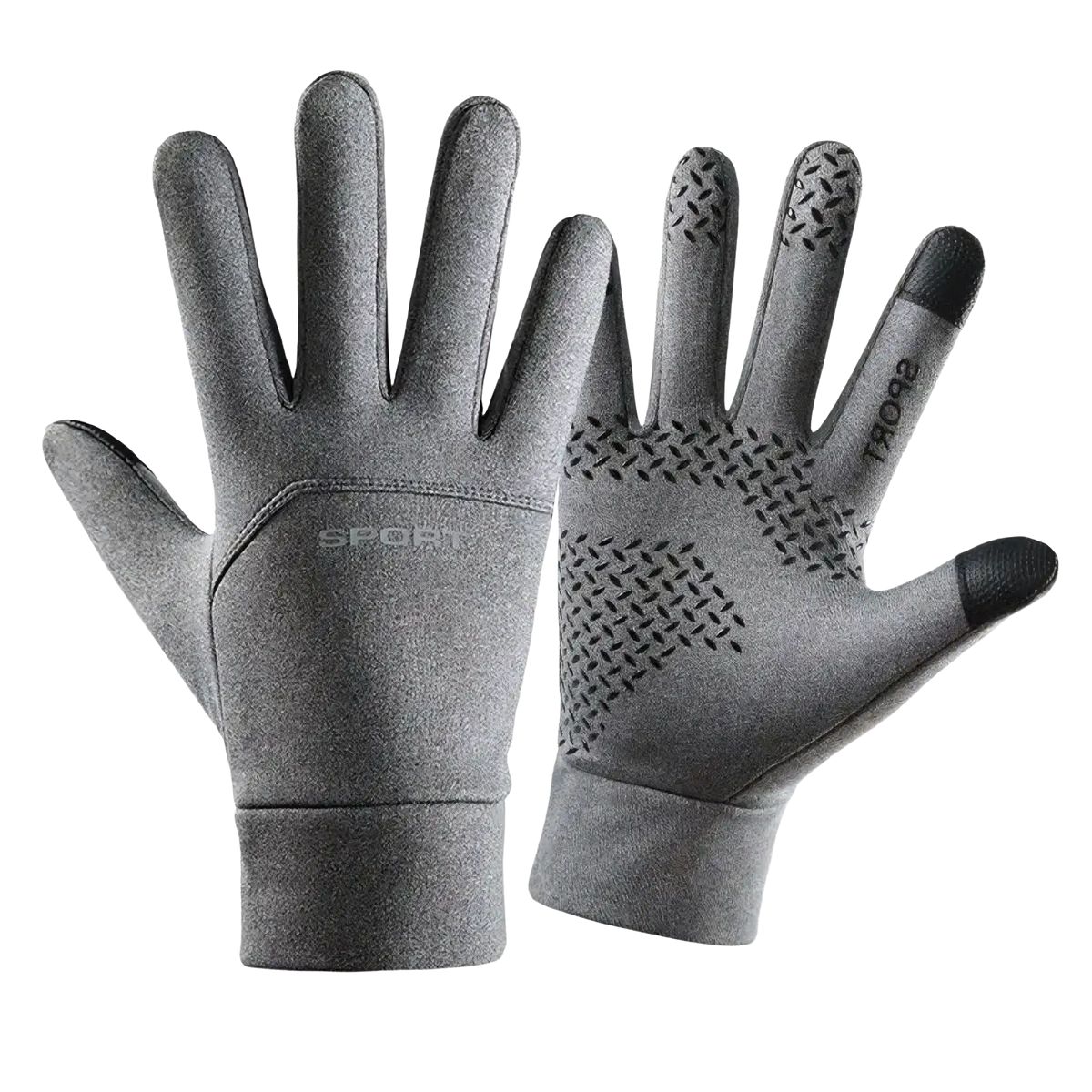 Men winter touch screen leather gloves back side showing gray gloves with black fingertips and textured pattern
