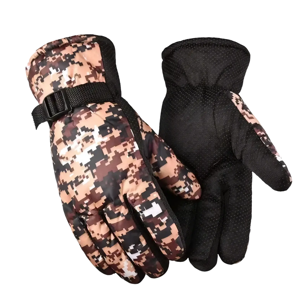 Back side of men winter touch screen leather gloves with pixelated brown camouflage and black mesh palms and fingers