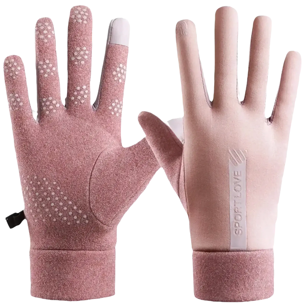 Men winter touch screen leather gloves in pink with white dotted fingertips and sport love logo on the wristband back side