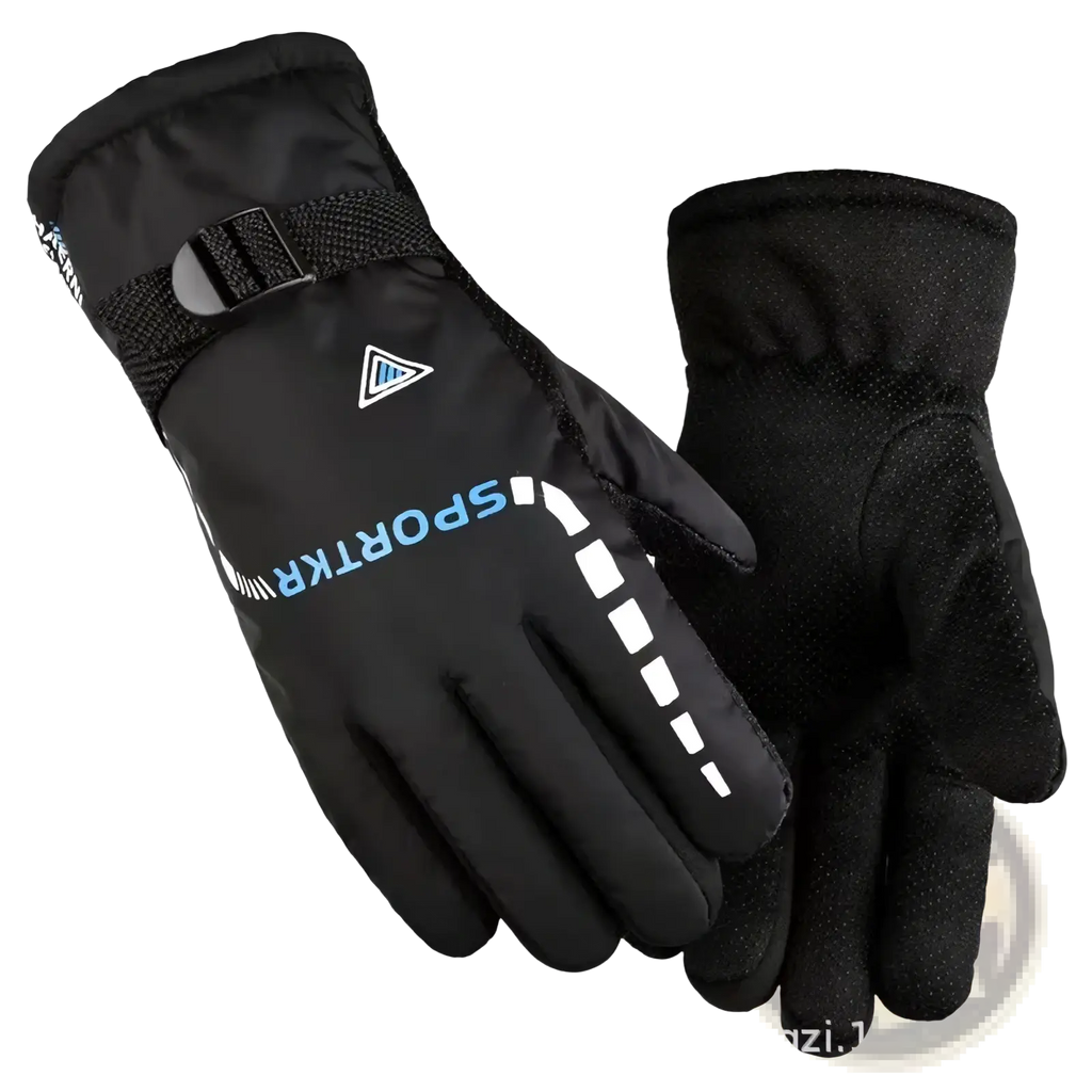Men winter touch screen leather gloves back side featuring black waterproof material with blue white branding and mesh strap