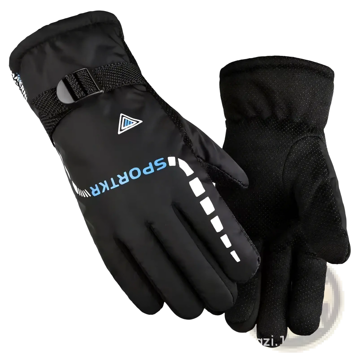 Men winter touch screen leather gloves back side featuring black waterproof material with blue white branding and mesh strap