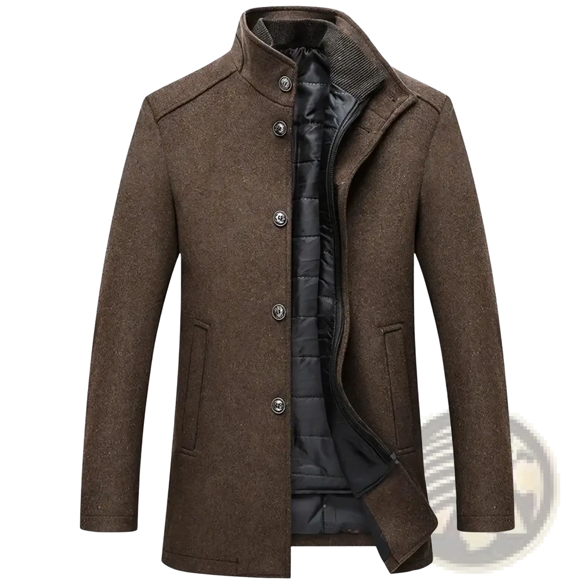 Men winter wool coat brown woolen with stand collar and dark gray quilted detachable vest lining