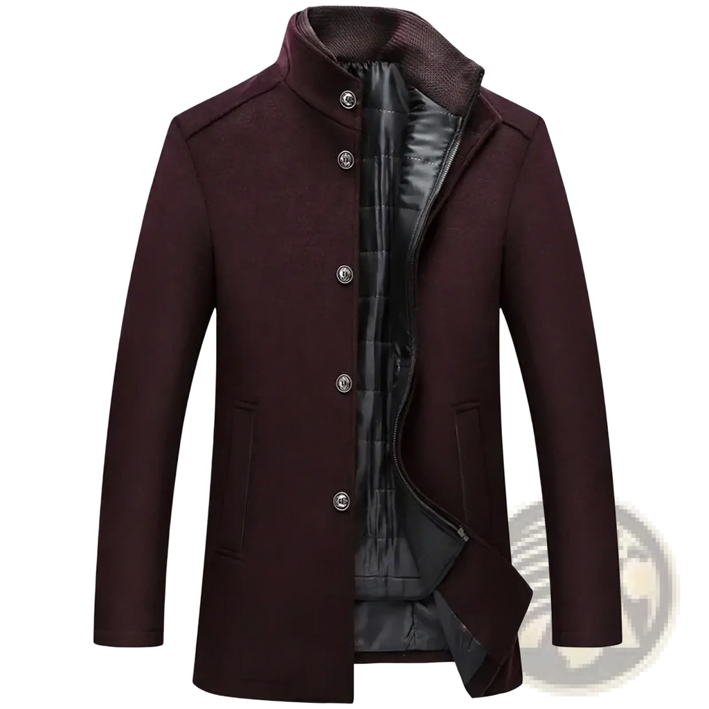 Men winter wool coat with detachable vest in dark burgundy featuring high collar silver buttons and quilted black lining