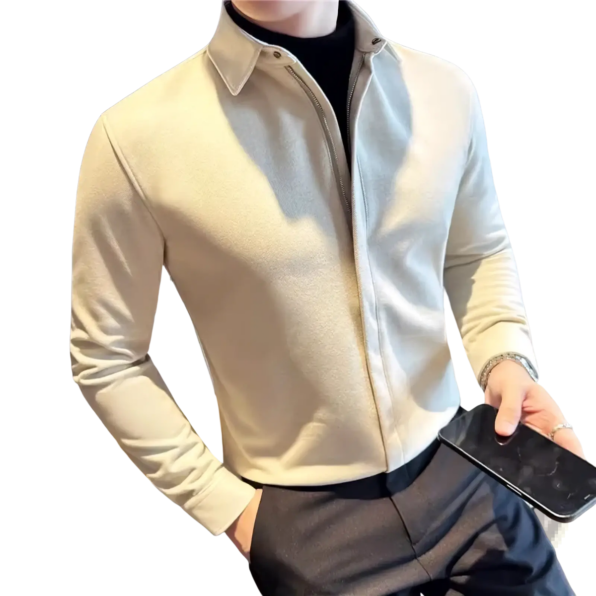 Cream-colored slim fit men winter woolen zip-up sweater jacket with collar and long sleeves for casual wear