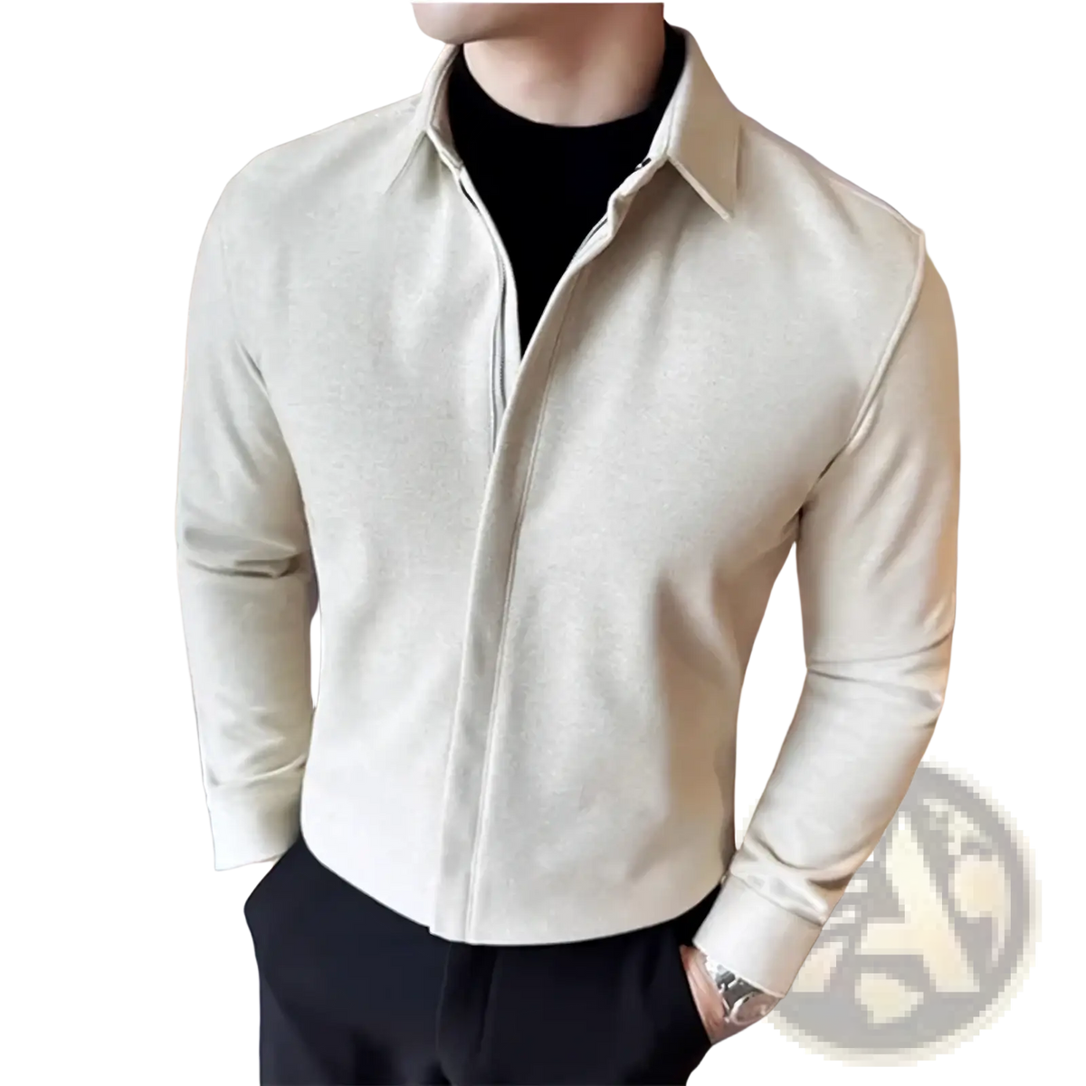 Men winter woolen zipper shirt slim fit casual off-white zip-up jacket with modern collar and long sleeves