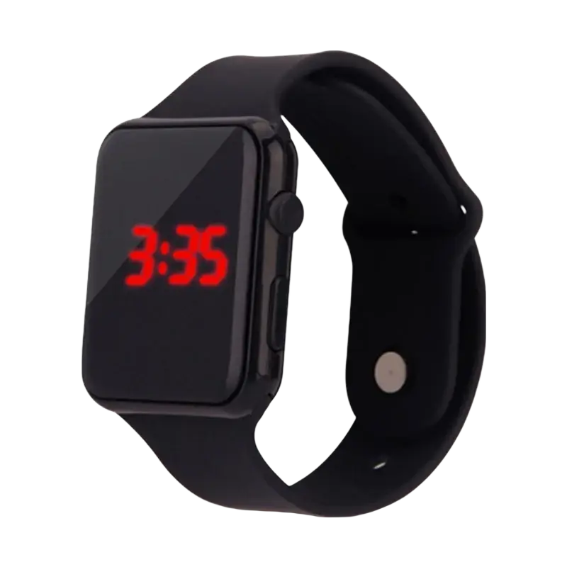 Black digital men woman sport watch with red led display showing 3 35 and black silicone strap for casual use