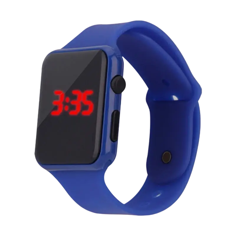 Blue silicone men woman sport watch with rectangular digital led face showing red numbers on black screen