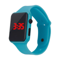 Bright blue silicone men woman sport watch with black digital display showing red numerals for casual use