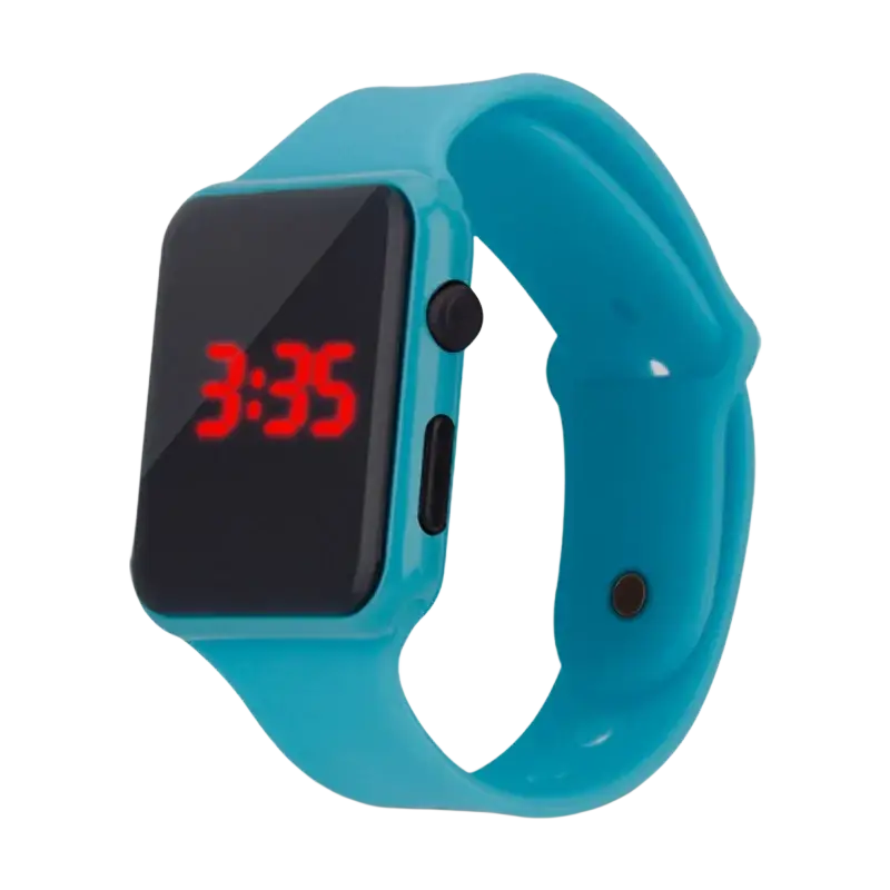 Bright blue silicone men woman sport watch with black digital display showing red numerals for casual use