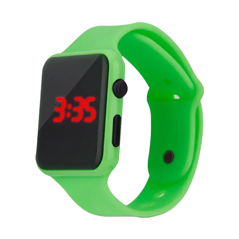 Bright green silicone men woman sport watch with rectangular digital led display showing red numerals