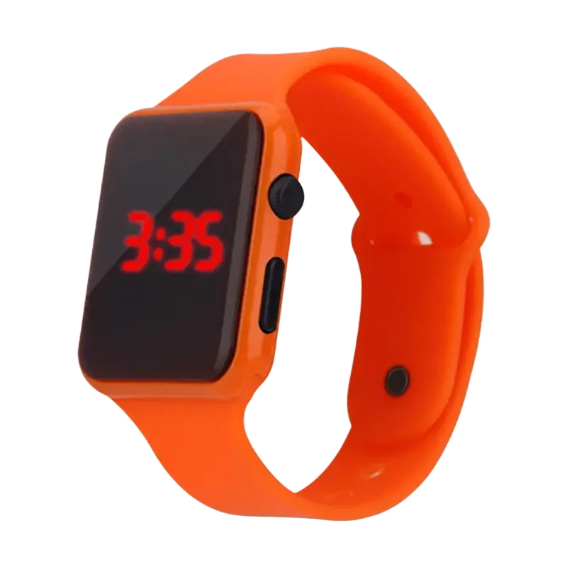 Bright orange digital led silicone casual wrist watch for men woman sport with rectangular black screen and red numerals