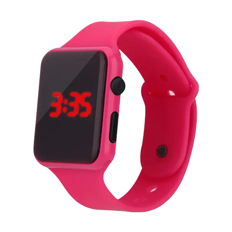 Bright pink men woman sport digital led watch with rectangular face red numerals black silicone casual wristwatch