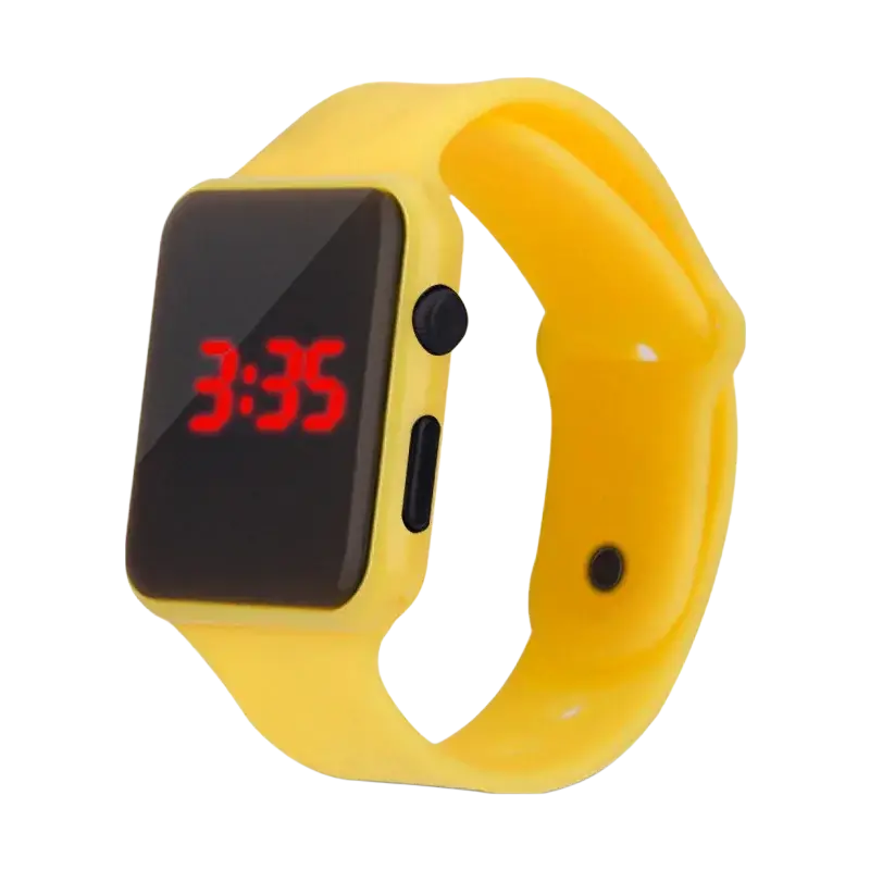 Bright yellow silicone men woman sport watch with black digital led display showing red numerals casual wristwatch
