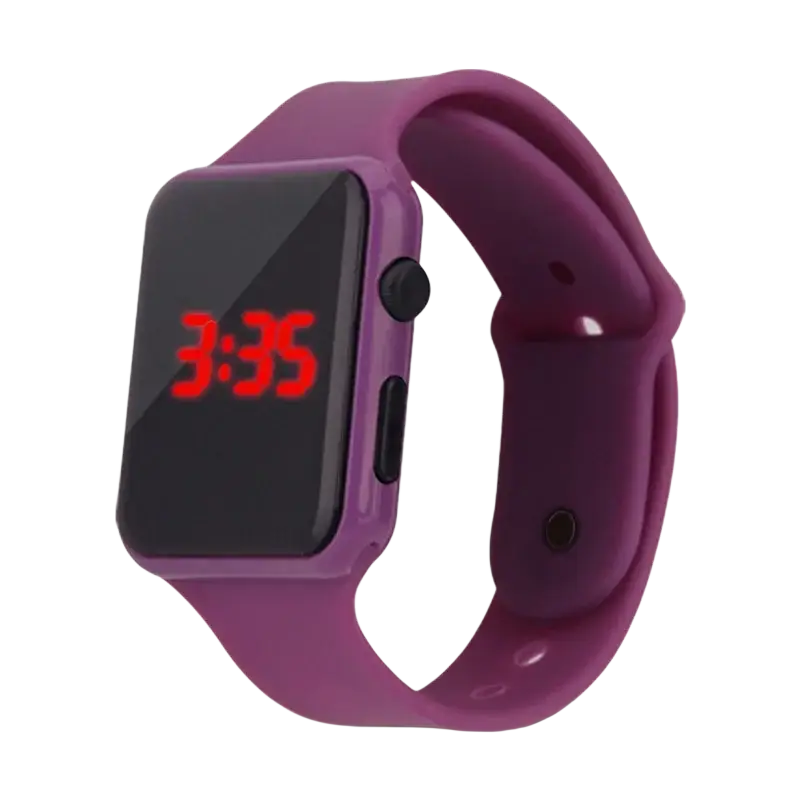 Purple men woman sport watch featuring a rectangular digital led screen with red numerals and silicone strap