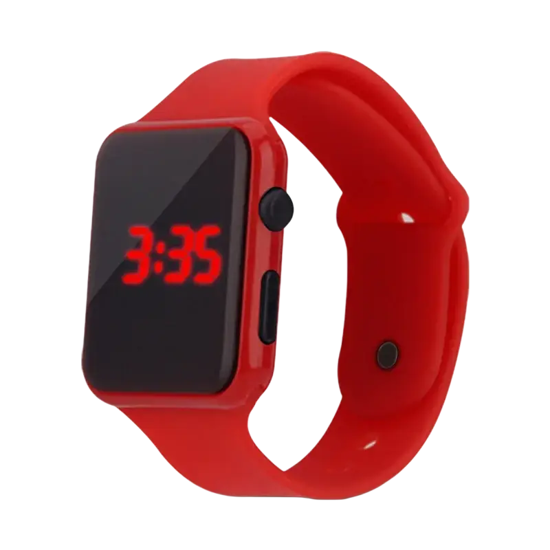 Red digital men woman sport watch with silicone strap and black face displaying red led numerals for casual use