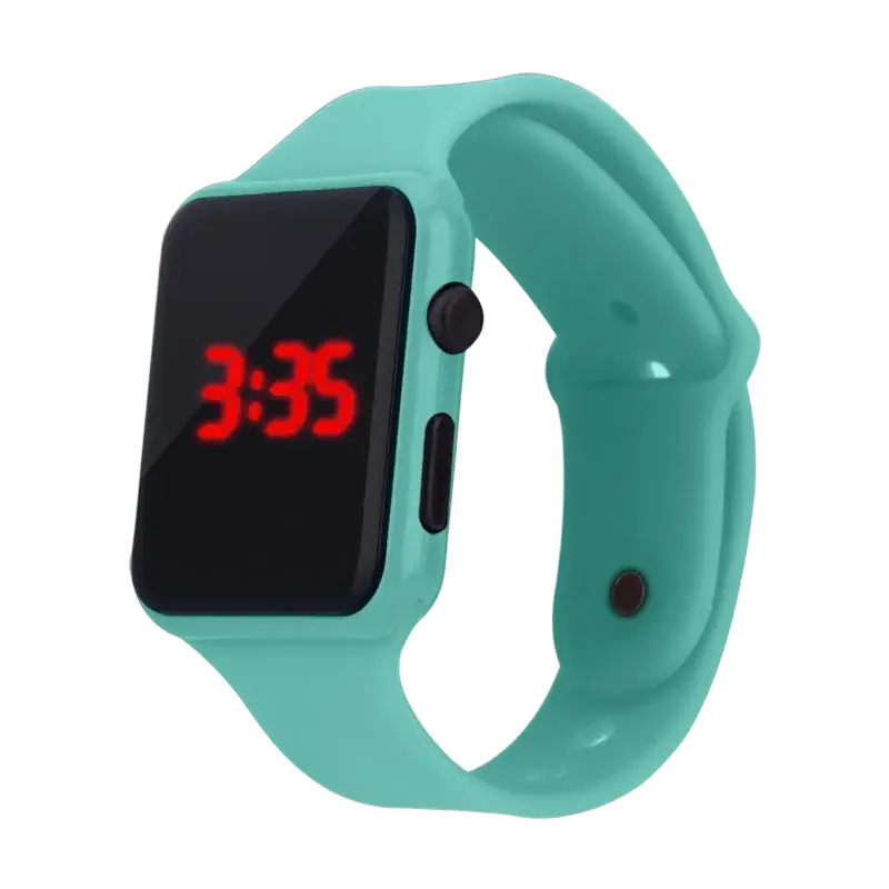 Teal silicone men woman sport watch with black rectangular face displaying red led numbers for casual use