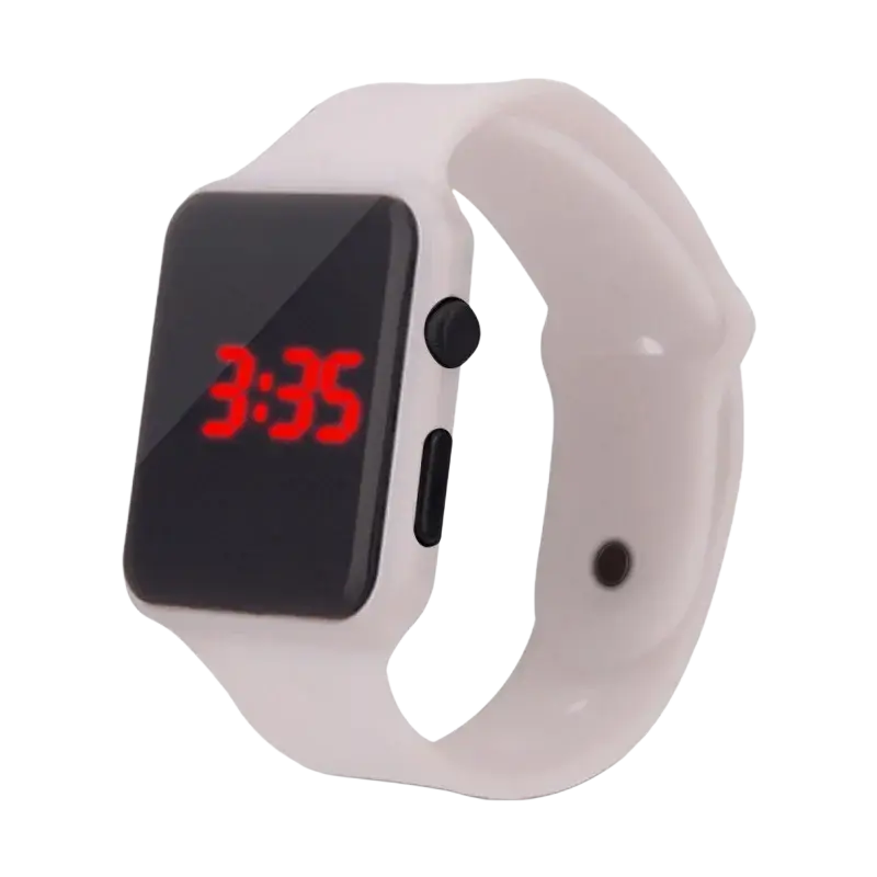 White silicone men woman sport watch with rectangular black screen and red led digital display for casual use