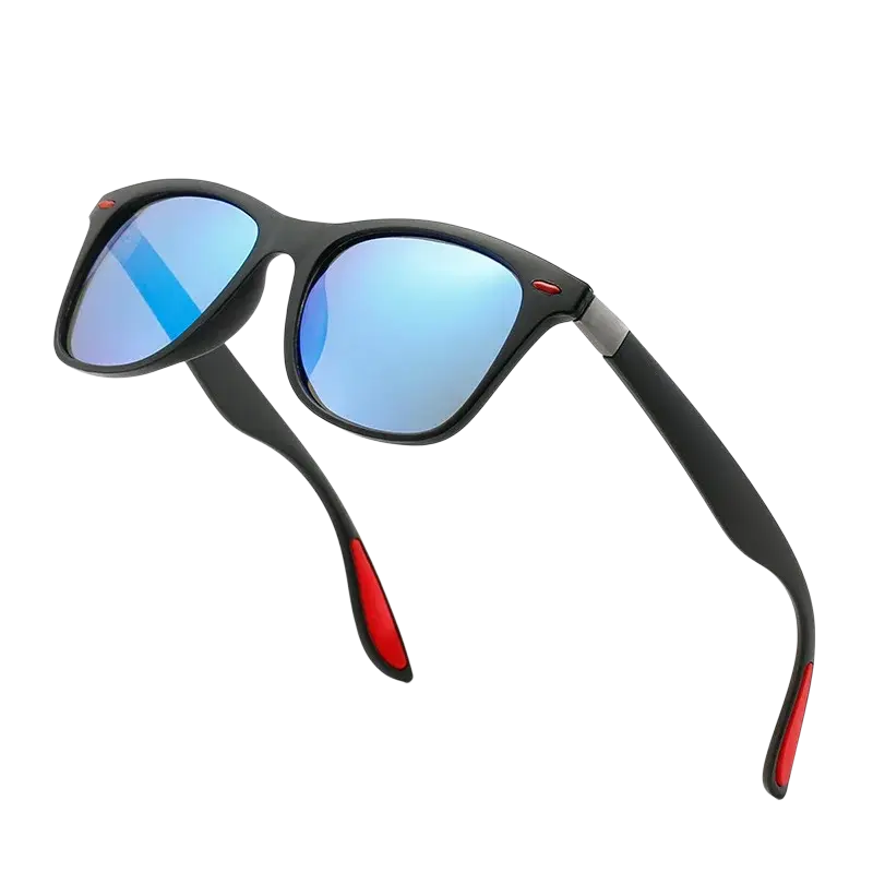 Men women rectangle retro uv400 sunglasses with black frames blue mirrored lenses and red temple accents
