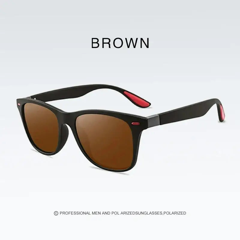 Men women rectangle retro UV400 sunglasses with black frames brown polarized lenses and red temple tip accents