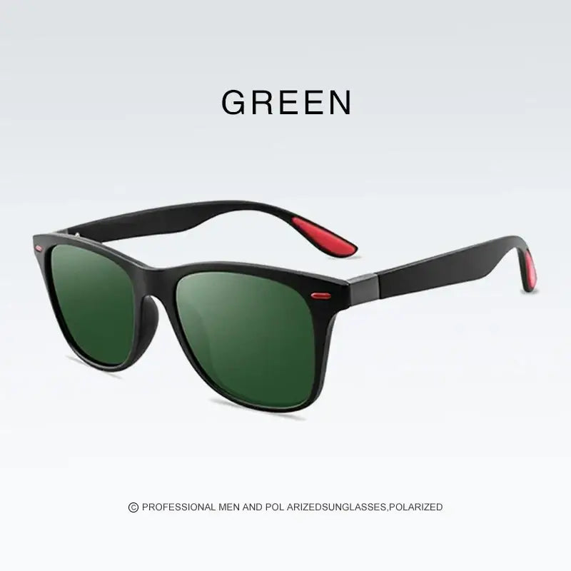 Men women rectangle retro UV400 sunglasses with black frames green polarized lenses and red temple tip accents