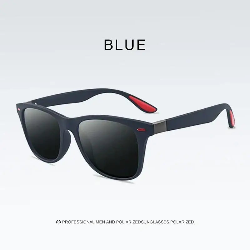 Men women rectangle retro uv400 sunglasses with black frames red temple accents and polarized dark lenses