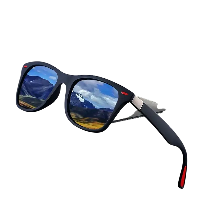 Men women rectangle retro uv400 sunglasses with black frames red accents and reflective lenses showing mountain landscape