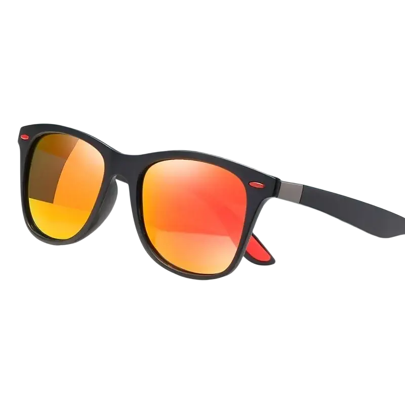 Men women rectangle retro uv400 sunglasses with black frames and vibrant orange red gradient mirrored lenses with red accents