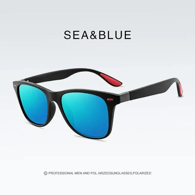 Men women rectangle retro uv400 sunglasses with black frames, vibrant blue mirrored lenses, and red accent temple tips