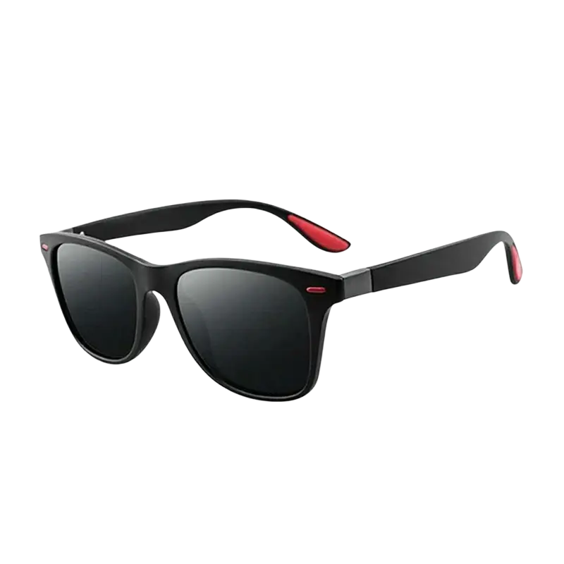 Men women rectangle retro UV400 sunglasses in black and gray polarized lenses with red accent details on temples