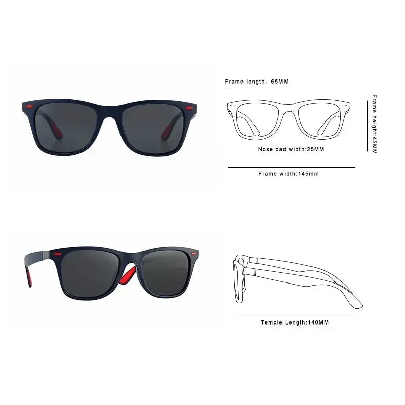 Men women rectangle retro uv400 sunglasses in black with red temple accents and dark gray lenses