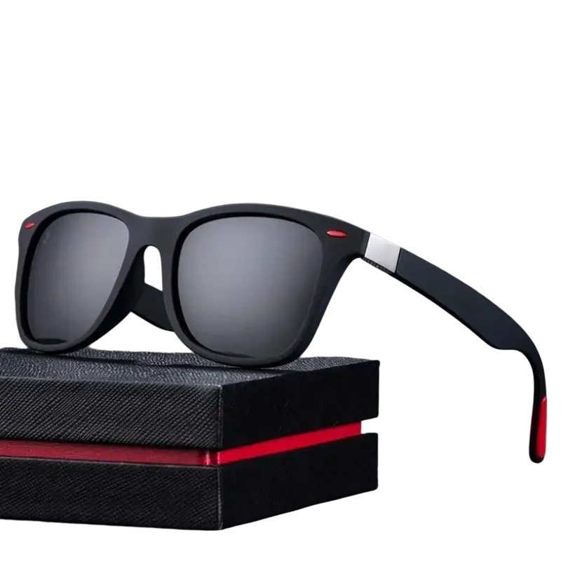 Black rectangular-framed men women retro UV400 sunglasses with mirrored lenses and red accents on temples resting on box