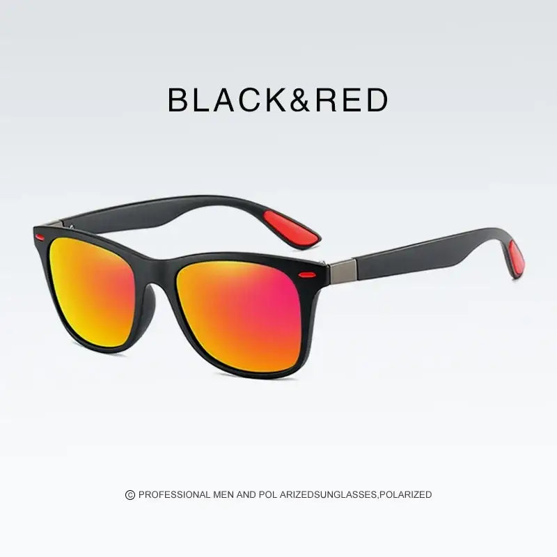 Men women rectangle retro uv400 sunglasses with black and red frames and gradient orange to pink polarized lenses