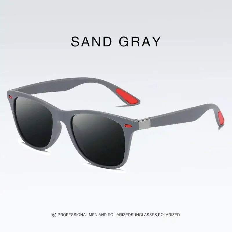 Men women rectangle retro uv400 sunglasses in sand gray with polarized lenses and red accent tips on the arms