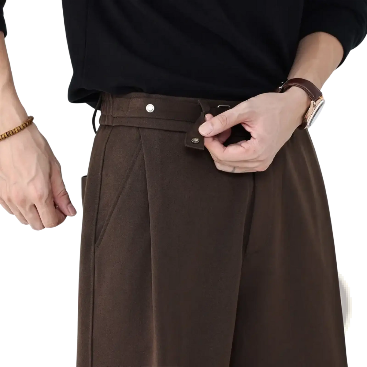 Men wool blend brown vintage pleated trousers featuring a buttoned waistband detail in a classic design