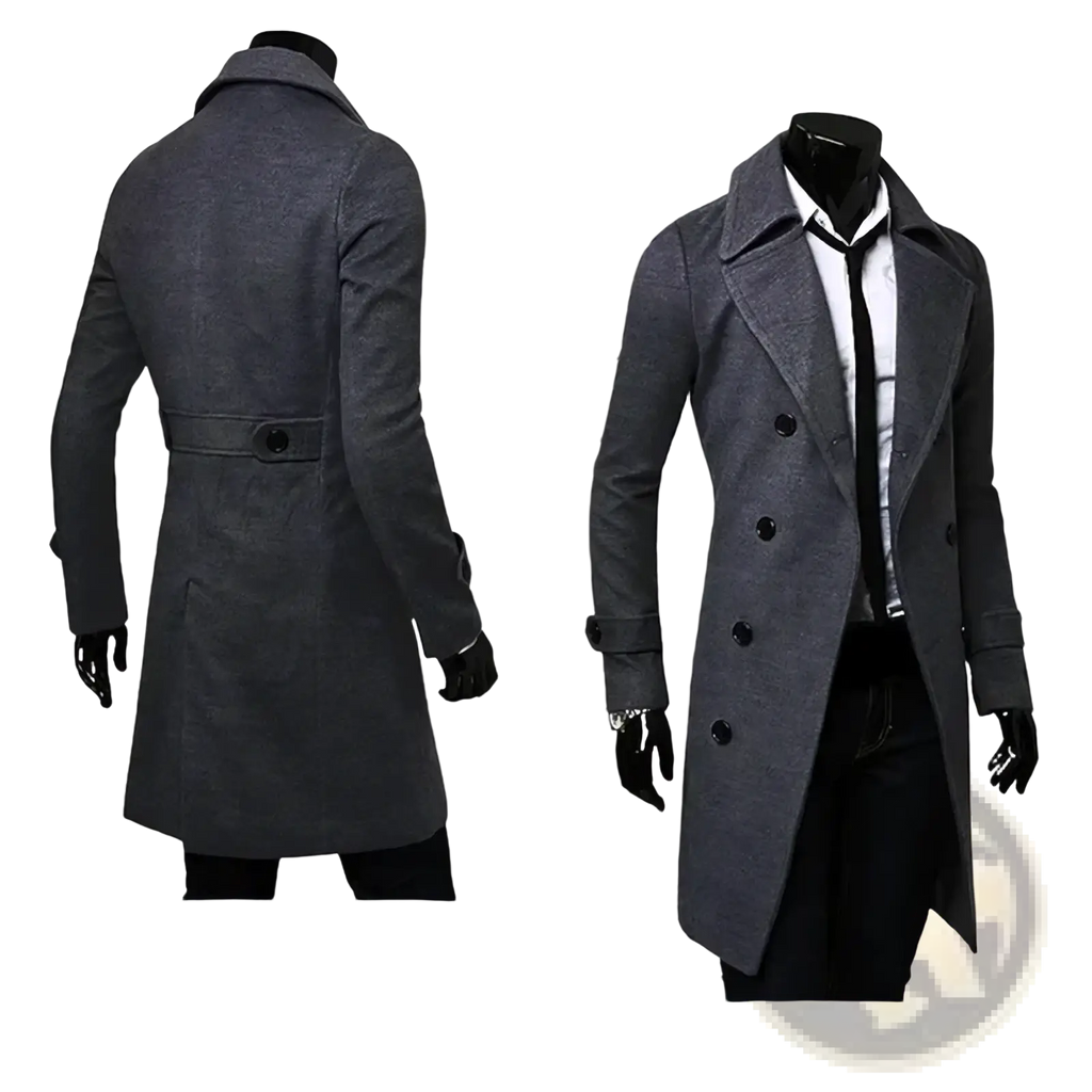 Men wool blend double breasted trench coat in dark gray wool with black buttons and a notched collar